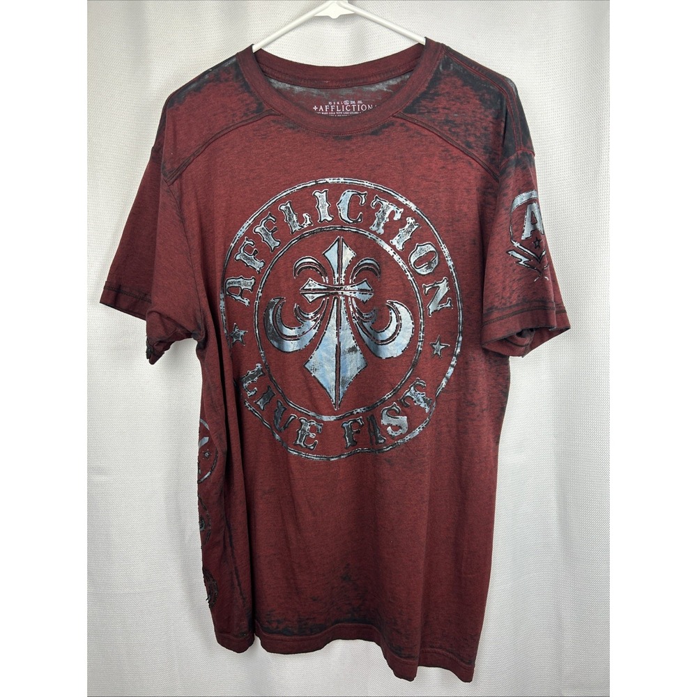 Affliction T-shirt Dark Red & Black Blue Metallic Logo Velvet Outlines XL Y2K